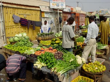 Stalls piled high with fresh vegetables and fruit